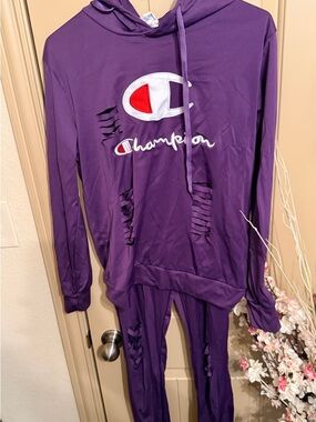 Champion Purple Distressed Hoodie and Joggers Set